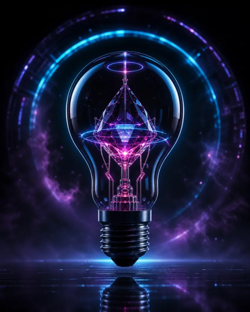 LUX NULL fantasy light bulb with a glowing crystalline core